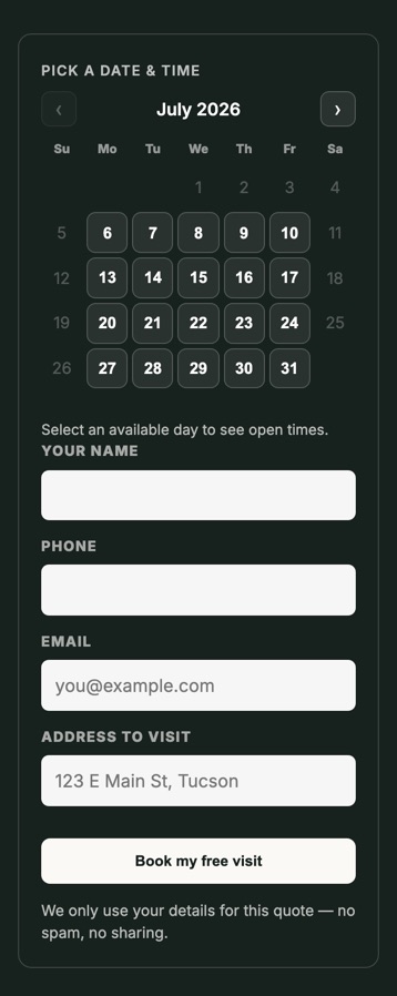 The built-in booking calendar clients use to pick a quote time
