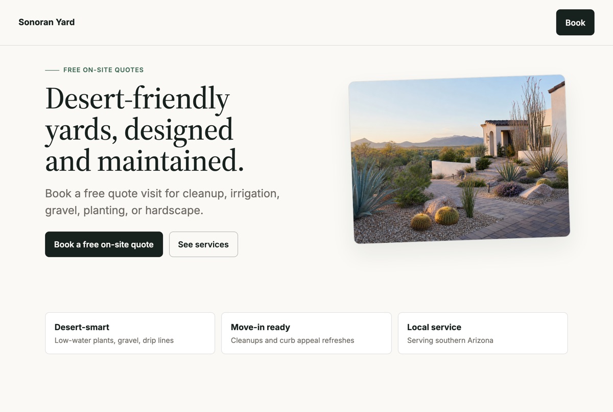 A landscaper's free Parcive website: hero photo, services, and online booking. Opens a live demo.